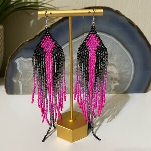 Vibrant Pink and Black Beaded Earrings
